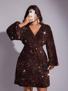 Viva Relle Váy maxi dài tay cánh dơi cổ chữ V lót sequin cỡ lớn cho nữ, eo trước nhún bèo, phong cách đường phố Pháp cổ điển thanh lịch, đa năng cho trang trọng, tiệc tùng, Giáng sinh, Lễ tạ ơn, cocktail, mùa thu/đông - Cà phê nâu - Xem 5