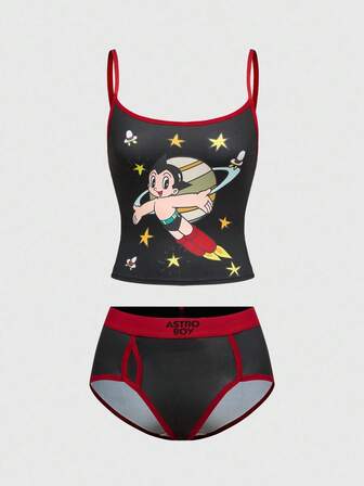 Astro Boy X ROMWE Cartoon Figure Graphic Colorblock Cami Top & Boyshort Lingerie Set