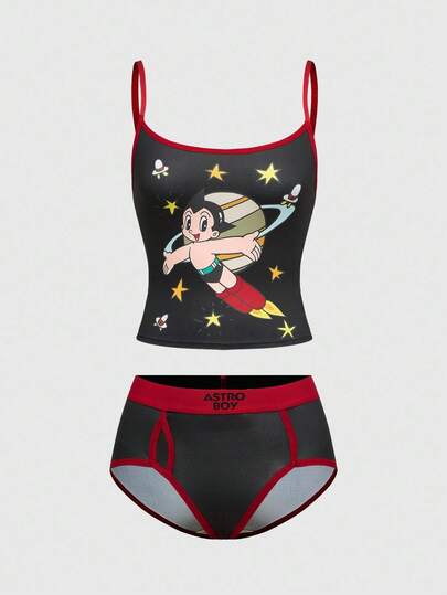 Astro Boy X ROMWE Set di lingerie con canotta e pantaloncini a figura di cartone animato e blocchi di colore