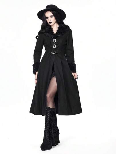 Gothic Style Faux Fur Patchwork Long Coat For Women, Winter