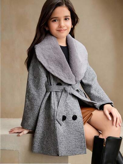 SHEIN Elegant & Refined Girls' Wool Blend Coat, Patchwork Fluffy Waist Snug Fitmming Long Style, Suitable For Commute & Outdoor, Luxurious Jacquard Wool Blend High-End Fashion Coat