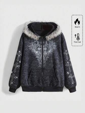 Fairycore Women's Autumn Cross Zipper Collar Hoodie With Rhinestone Distressed Wash
