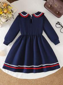 Elladie kids 1pc Girls' Casual Collared Embroidered Colorblock Knit Dress - Navy Blue - View 2