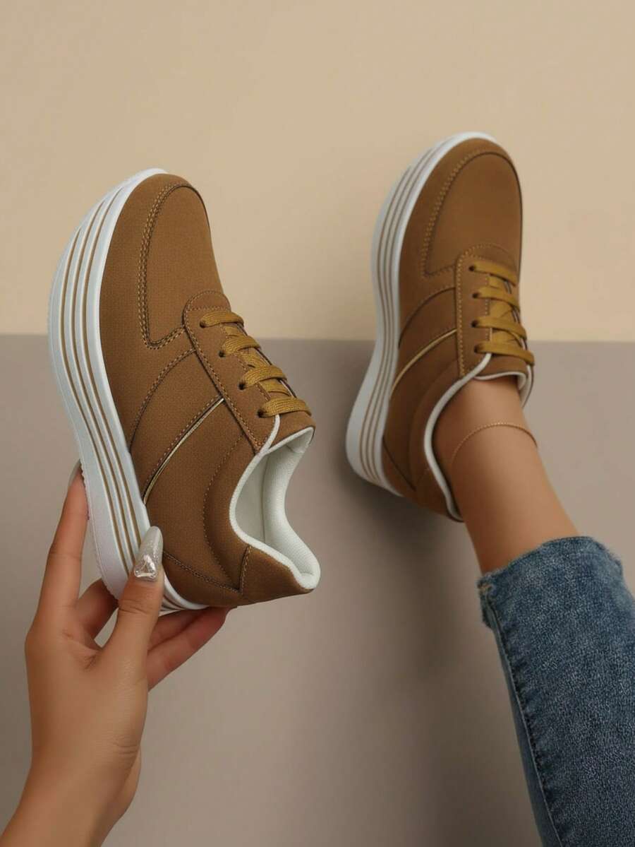 Zapatillas casuales para mujer, plataforma cómoda, punta redonda, cordones clásicos, estilo minimalista, uso diario, zapatos de moda - Marrón - Ver 1