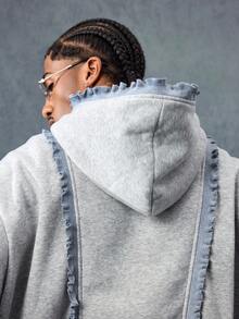 ROMWE MEN Street Life Sweat-shirt-shirt à capuche zippé avec garniture à volants, manches longues, style décontracté pour hommes