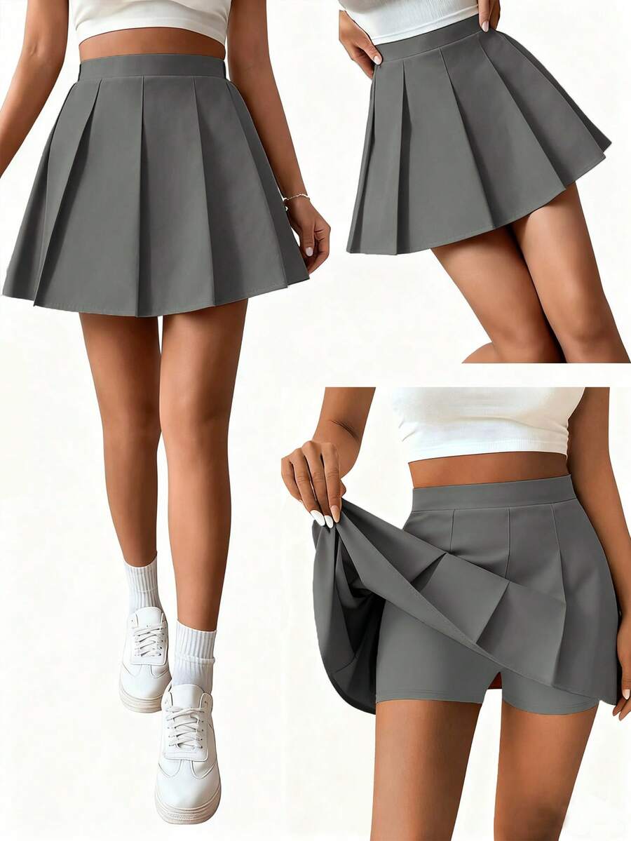 SHEIN Sparklyn 女童百褶高腰裙，内置安全短裤，二合一裙裤，四季百搭，可搭配衬衫、T恤、Polo衫、连帽衫、夹克 - 灰色 - 查看 1