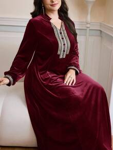 Al Najma Vestido elegante de estilo árabe con decoración de cinta para mujer de talla grande - Burdeos - Ver 7