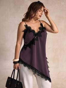 Elegantrix Canotta oversize da donna casual urbana, con scollo a V, orlo asimmetrico in pizzo, effetto patchwork e colore unito