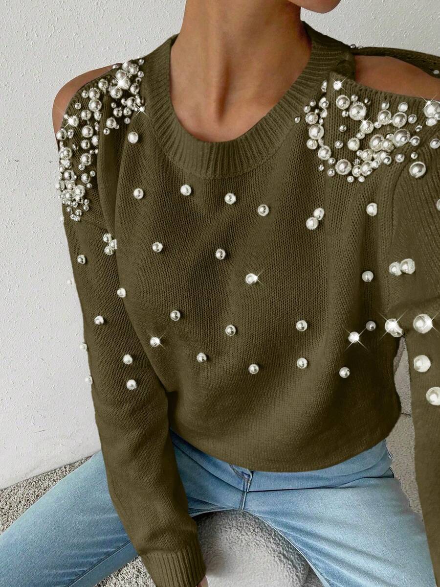 SHEIN LUNE Women's Elegant Pearl Embellished Off-Shoulder Sweater, Autumn/Winter - Green - View 1