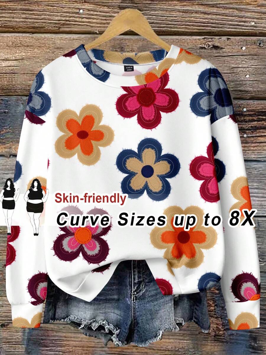 SHEIN CURVE+ 大码女式休闲碎花落肩长袖运动衫秋冬女装 - 彩色 - 查看 1