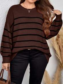 EURMUSE Plus Size Plus Size Loose Fit Colorblock Striped Pullover Sweater - Chocolate Brown - View 1