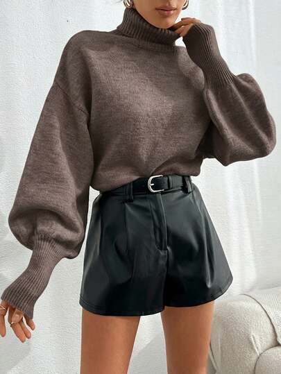 Women's Casual Everyday Commute Simple Solid Color High Neck Dropped Shoulder Loose Lantern Sleeve Sweater, Autumn/Winter