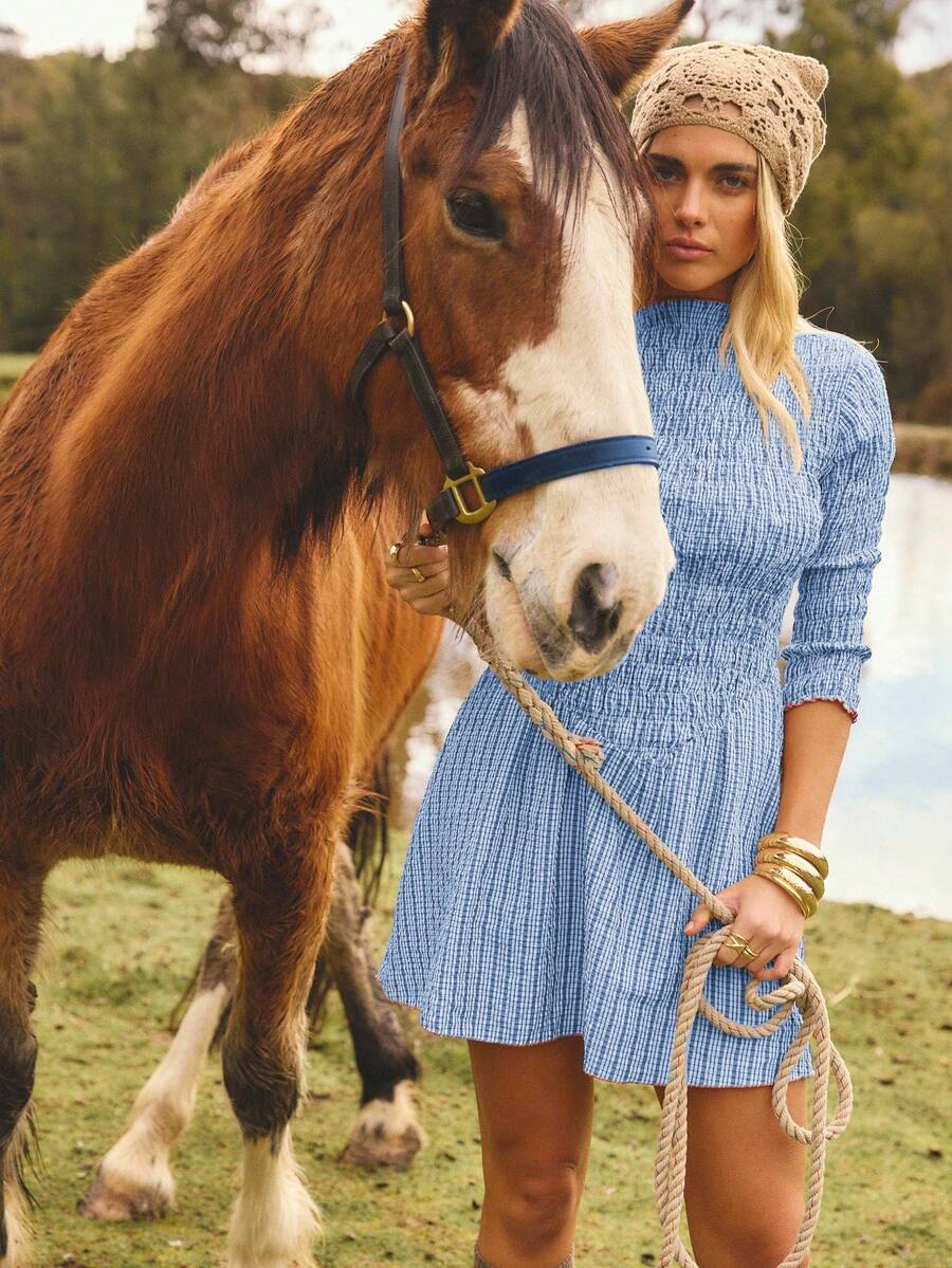 Aralina Women's Stand Collar Raglan Mid-Sleeve Casual Pleated Mini Dress - Blue - View 1