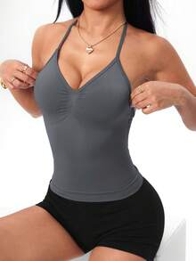 Easithlete Dark Grey Women's Halter Neck Sleeveless Ruched Sports Tee For Active Lifestyle Regular Fit Sexy Tops For Women - Dark Grey - View 4