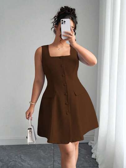 Elenzga Plus Size Women Elegant Square Neck Cardigan Dress With Buttons, Faux Pockets