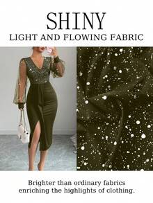Elenzga Women's Sequin Mesh Patchwork V-Neck Glitter Party Dress - Olive Green - View 3