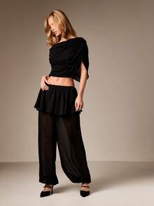 AiiRZ Floaty Wide Leg Palazzo Pants With Layered Ruffle Skirt Detail Bohemian Festival Harem Trousers - Black - View 5