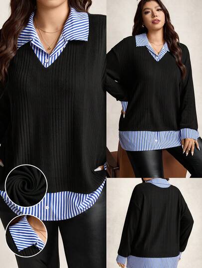 Zelara Plus Size Women'S Striped Color-Blocked Shirt Collar Two-In-One Top, Thanksgiving Women'S Clothing, New Year Women'S Clothing, Winter Dress, Winter Clothing, Women'S Rave Party Costume Elegant Plus Size Tops / Curvy Women'S Tops / Valentine'S Day / Elegant Women'S Blouse / Women'S Holiday Outfits / Birthday Dresses / Back-To-School Dresses / Plus Size Formal Dresses / Afternoon Tea Party Tops, Striped Patchwork Long-Sleeved Tops, Plus Size Faux Two-Piece Tops, Women'S Autumn Clothing, Winter, Fall, Halloween, Christmas, New Year, Thanksgiving, Party Clothing