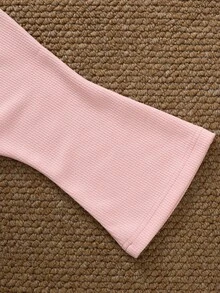 SHEIN 2件套女婴秋季新款可爱白色蝴蝶结装饰舒适时尚条纹拼接长袖二合一上衣搭配粉色休闲喇叭裤，两件套T恤套装 - 粉色 - 查看 8