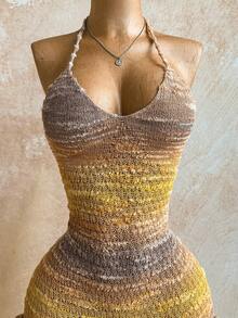 Soleia 度假露肩荷叶边渐变针织女式连衣裙，波西米亚风，度假风，钩针编织，亚麻，纹理 - 彩色 - 查看 6