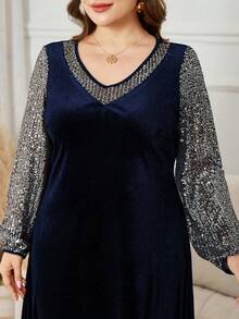 Lacomfia Váy dài nhung sequin cổ chữ V rộng rãi cho nữ cỡ lớn, mùa thu/đông - Màu xanh hải quân - Xem 1
