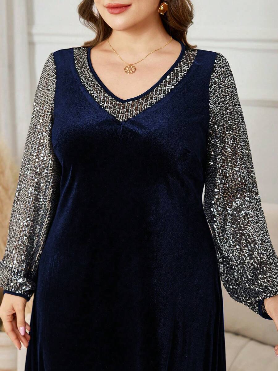 Lacomfia Váy dài nhung sequin cổ chữ V rộng rãi cho nữ cỡ lớn, mùa thu/đông - Màu xanh hải quân - Xem 1