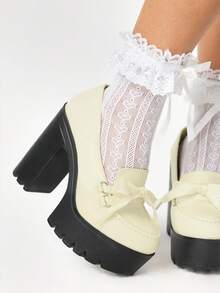 ROMWE Sepatu hak tinggi wanita seksi dengan detail tali dan sol tebal, sepatu slip-on Mary Jane modis untuk musim semi dan musim gugur. - Krem - View 3