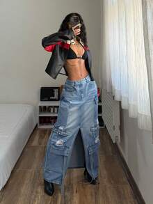 SHEIN 女士时尚破洞牛仔工装裙