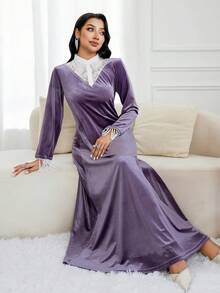 Al Najma 女式优雅撞色蕾丝流苏袖口天鹅绒阿拉伯风格连衣裙，秋季 - 彩色 - 查看 4