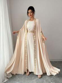 Rafferiza Women's Splice Ribbon Batwing Sleeve Jacket & Dress Elegant 2 Pieces Set - Apricot - View 3