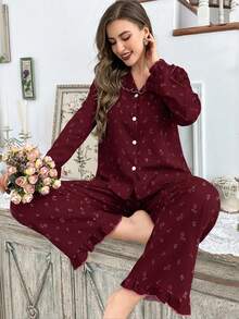 CottageSlumber Women's Floral Bubble Ruffle Collar Cardigan And Pants Pajama Set, Fall & Winter Clothes - Multicolor - View 3