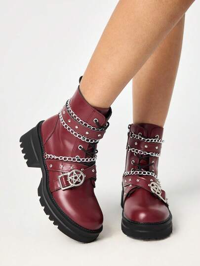 Grunge Punk Stivaletti alla caviglia da donna neri con zip e lacci, stivali da motociclista stile punk rock con decorazione a catena, stivali in pelle retrò da cavaliere per accademia