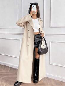 EMERY ROSE Casual Fashionable Minimalist Loose Fit Long Sleeve Double-Breasted Belted Long Trench Coat, Pure Gray, Spring/Autumn/Winter - Khaki - View 3