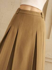 Arave 女士羊毛混纺 A 字褶腰纽扣装饰半身裙，办公室穿着 - 卡其色 - 查看 7