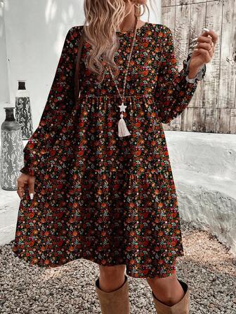 EMERY ROSE Casual Minimalist Ditsy Floral Pattern Loose Fit Round Neck Plus Size Dress, Suitable For Autumn/Winter