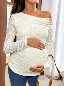 SHEIN Camiseta de manga larga con hombros asimétricos y encaje de unicolor para maternidad - Caqui - Ver 3