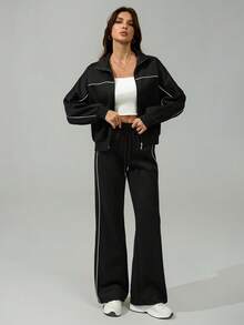 SHEIN Tall Women's Fall/Winter Streetwear Basic Going Out Back To School 2pcs Set Zip Front Long Sleeve Hoodie And Drawstring Waist Pants Casual Suit - Black - View 5