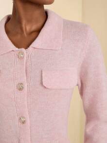SHEIN Veneréa Women's Pink Collar Cinched Waist Knitted Dress With Faux Pearl Metal Buttons, Autumn/Winter - Pink - View 7
