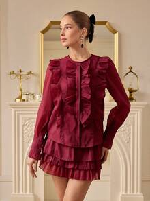Aveloria EMERY ROSE Conjunto de 2 peças elegante estilo francês, composto por blusa leve de chiffon franzido e minissaia plissada. - Borgonha - Ver 3