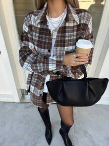 DAZY Contrast Plaid Loose Retro Long Sleeve Pocket Lapel Casual Street Overcoat For Women, Autumn/Winter - Mocha Brown - View 4