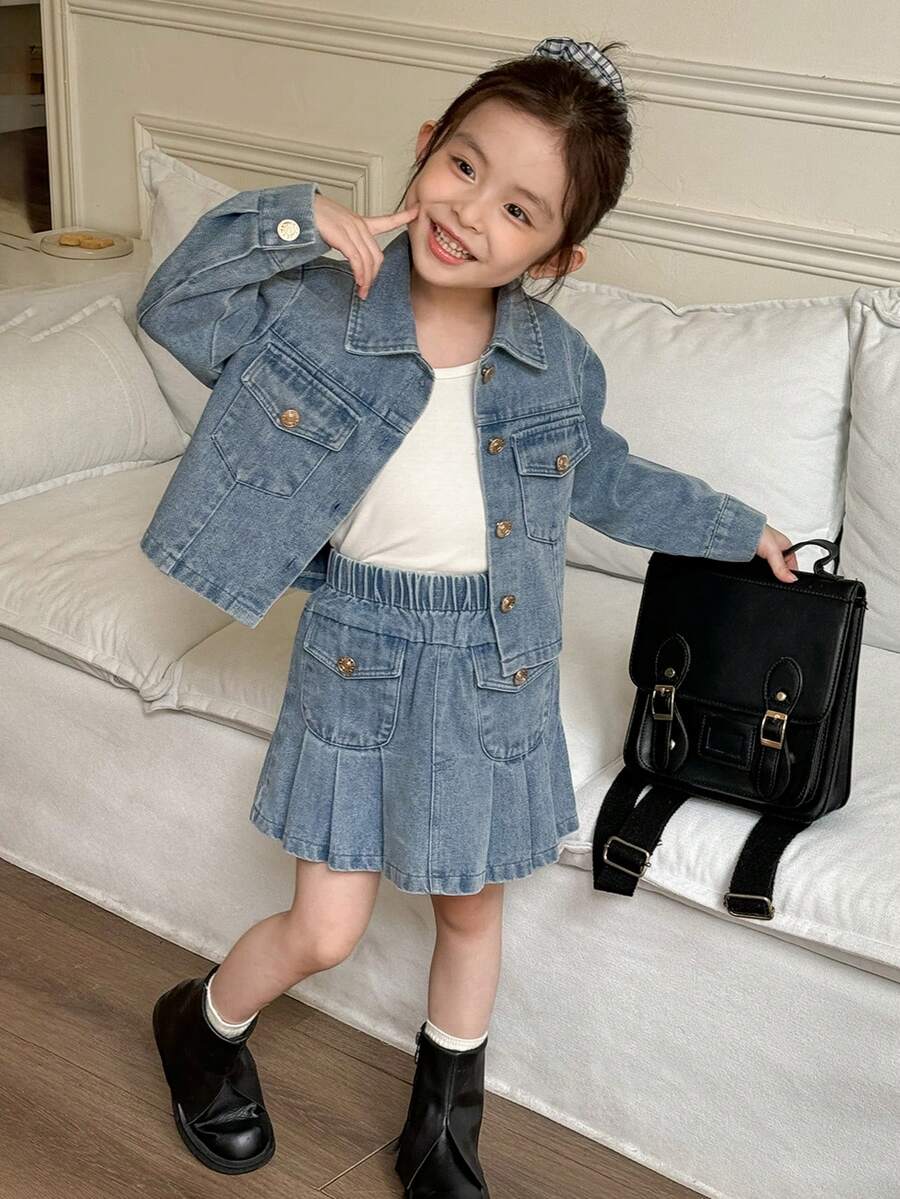 Genkimix Kids Young Girl's Casual Denim Jacket And Pleated Mini Skirt Set, Fashionable Winter Outfit - Blue - View 1