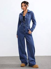 SHEIN ICON Women's Fall /Winter Streetwear Casual Washed Denim Long Sleeve Jacket Jumpsuit - Dark Wash - View 6