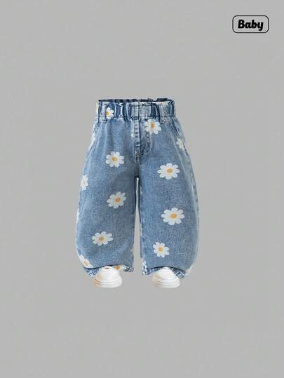 Sweetra Denimly 女童休闲都市浅洗水阔腿牛仔裤，花卉印花，褶皱腰身和松紧腰带