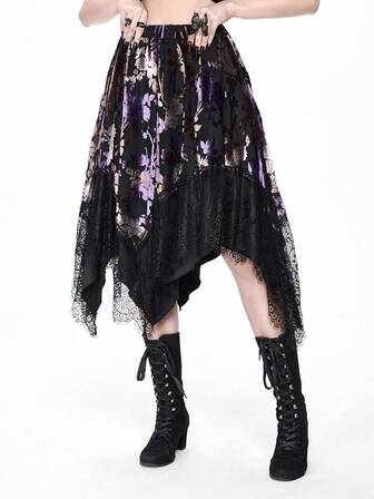 Goth Vintage Gothic Floral Velvet & Lace Patchwork Asymmetrical Hem Women's Skirt