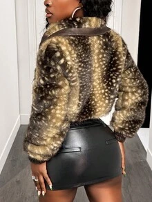 Zolique 女式复古别致仿毛领厚鹿纹修身休闲夹克 - 摩卡棕 - 查看 2