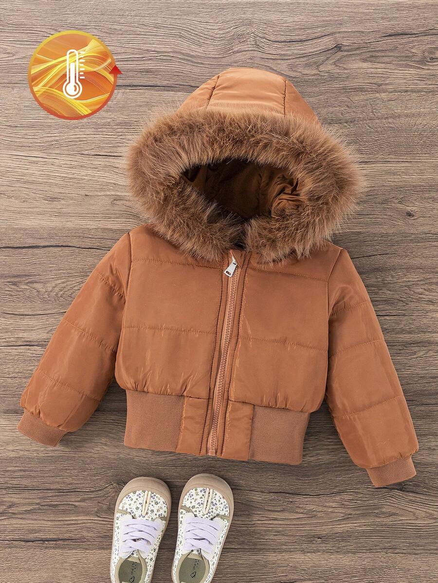 女童黑色连帽加厚高腰罗纹修身时尚羽绒服,秋冬季休闲百搭外套,女童冬季外套,儿童夹克,带帽儿童冬季外套,幼儿冬季外套,儿童羽绒服 - 咖啡棕 - 查看 1