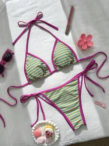 Swim Mod بدلة سباحة مجموعة بيكيني مثيرة بحزام رباط على الرقبة مخطط للنساء في الصيف - متعدد الألوان - مشاهدة 7