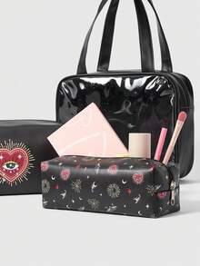 ROMWE 1pc Gothic Style Eye Print Fashion Portable 3 PiecesCosmetic Bag Set - Black - View 2