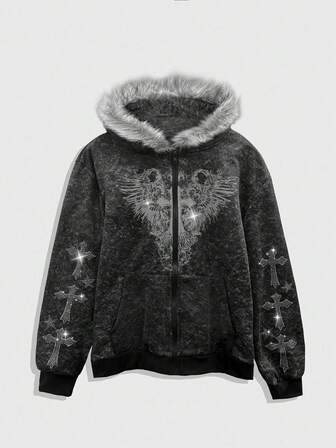 Men's Rhinestone Gothic Decor Zipper Long Sleeve Sweatshirt, For Winter