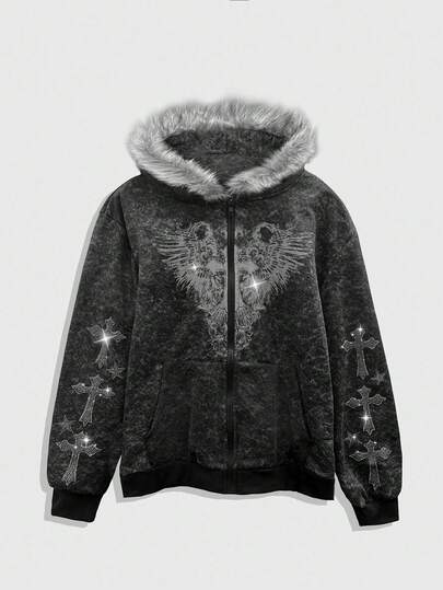 Goth Sudadera con cremallera y decoración de rhinestones de manga larga para hombre